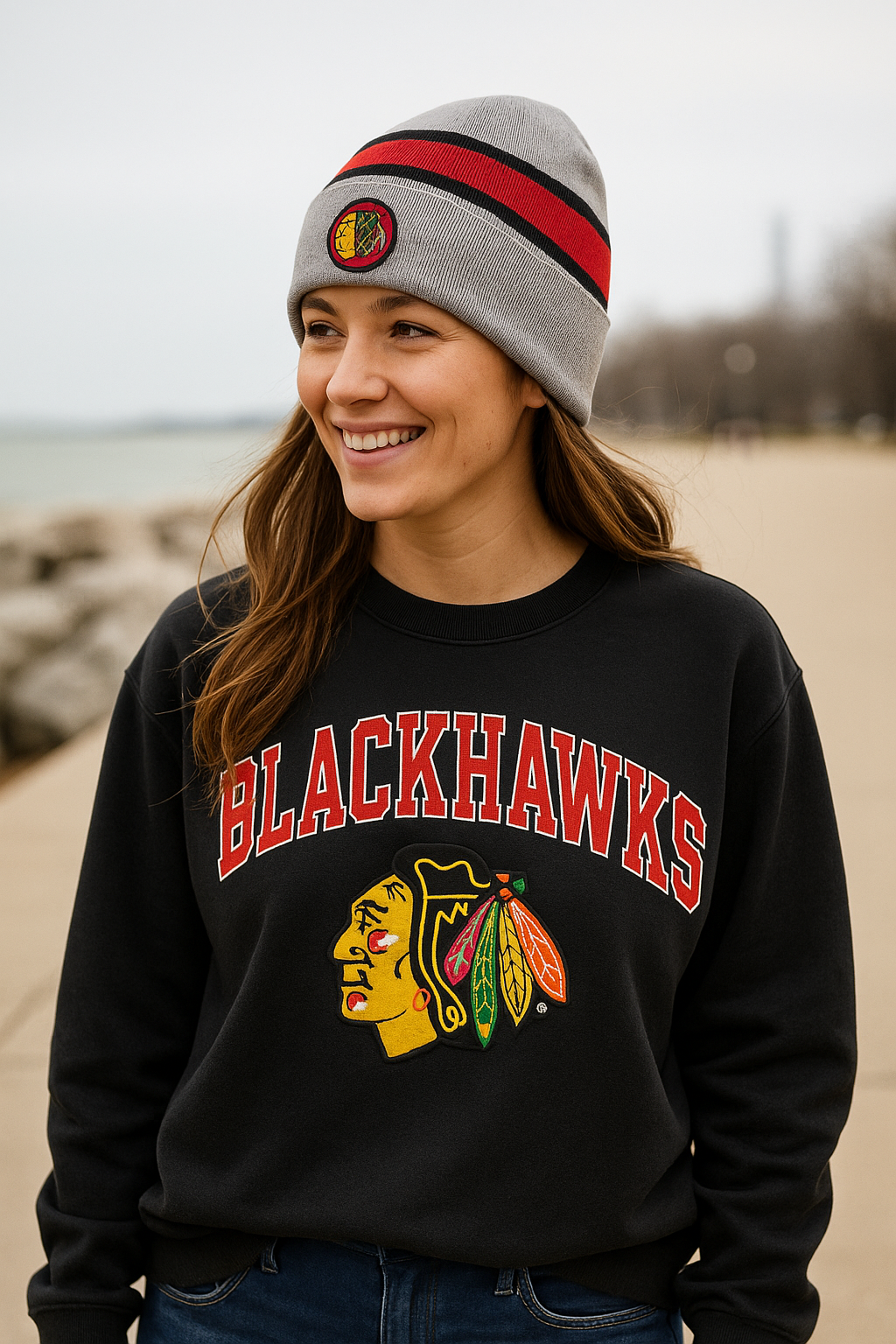 Chicago Blackhawks NHL UK Fanatics Branded Logo Cuffed Knit Beanie – Heathered Gray (UK Stock)
