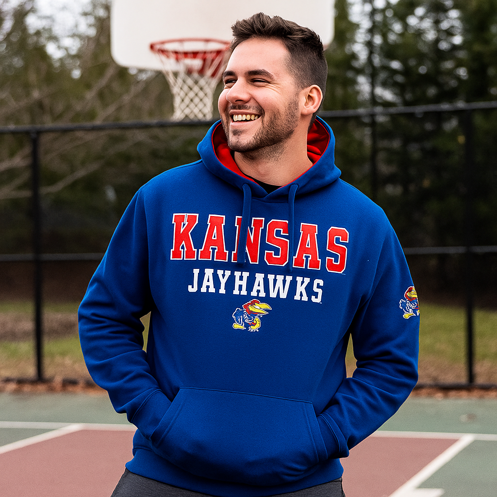 Kansas Jayhawks NCAA Colosseum Sunrise Pullover Hoodie – Royal (UK Stock) - UKASSNI