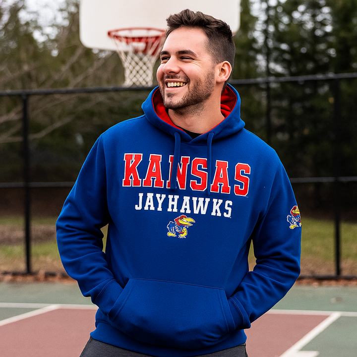 Kansas Jayhawks NCAA Colosseum Sunrise Pullover Hoodie – Royal (UK Stock) - UKASSNI