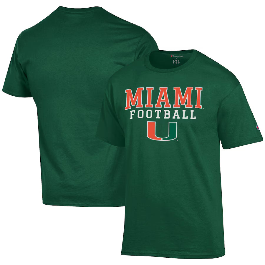 Miami Hurricanes NCAA Medium Champion Football Stack T-Shirt – Green (UK Stock) - UKASSNI