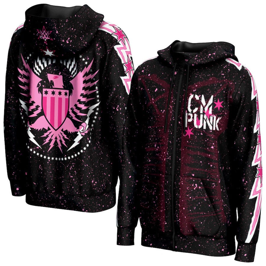 CM Punk WWE ProSphere Lightning Full-Zip Hoodie – Black (USA Stock) - UKASSNI