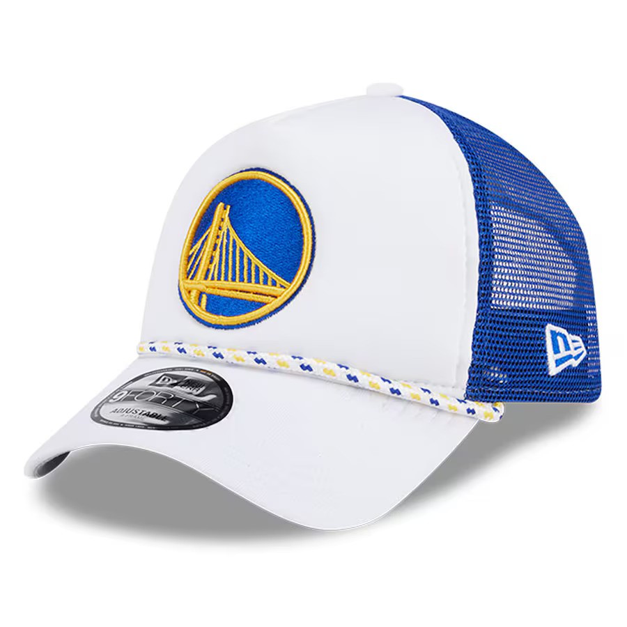 Golden State Warriors NBA New Era Court Sport Foam A-Frame 9FORTY Adjustable Trucker Hat - White/Royal - UKASSNI