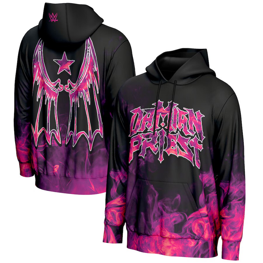 Damian Priest WWE ProSphere Purple Flames Pullover Hoodie – Black (USA Stock) - UKASSNI