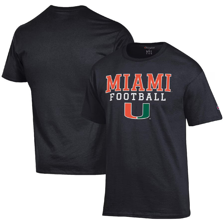 Miami Hurricanes NCAA Champion Football Stack T-Shirt - Black - UKASSNI