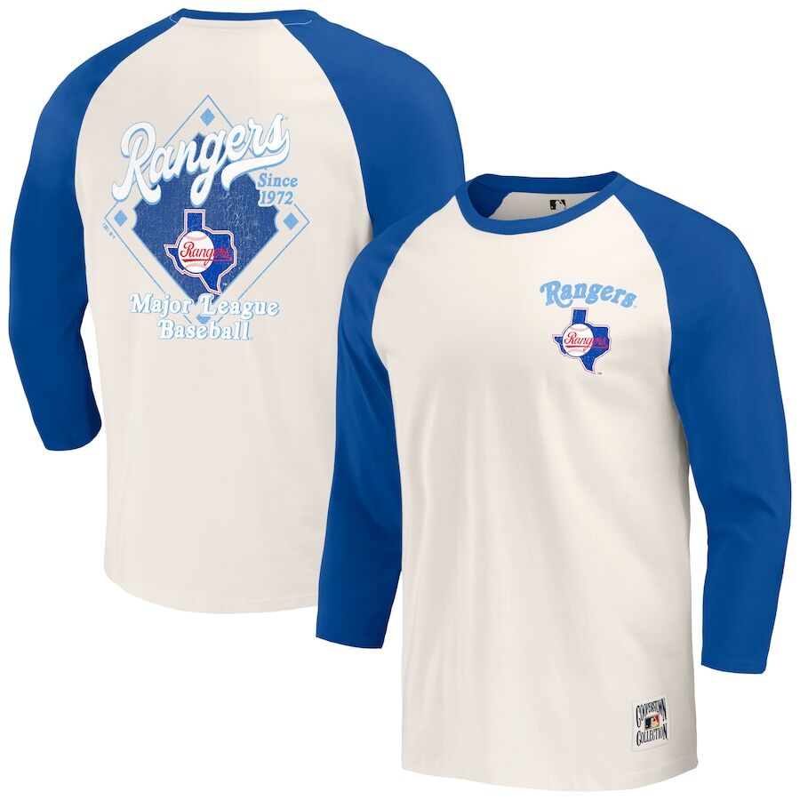 Texas Rangers Darius Rucker Collection by Fanatics Cooperstown Collection Raglan 3/4-Sleeve T-Shirt - Royal/White - UKASSNI