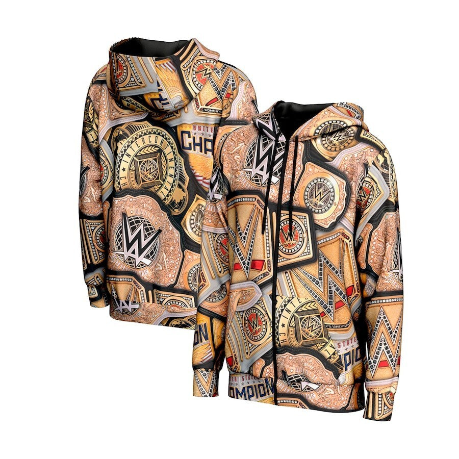 Triple H WWE ProSphere Title Belt Collage Full-Zip Hoodie – Gold (USA Stock) - UKASSNI