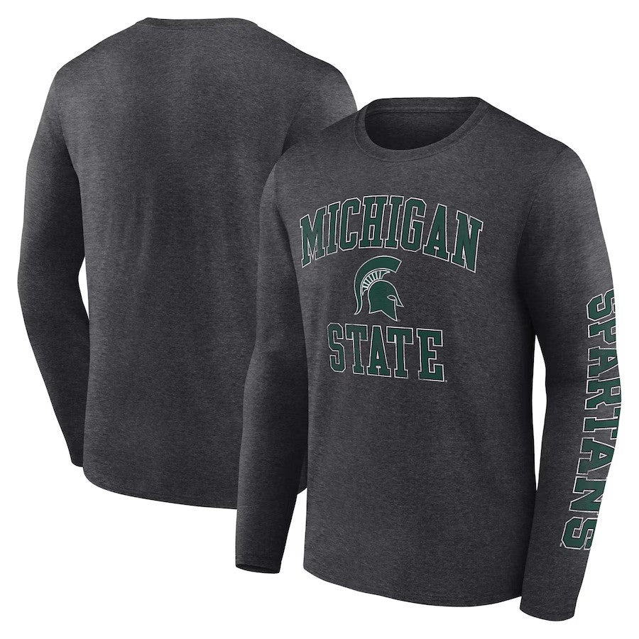 Michigan State Spartans Fanatics Branded Distressed Arch Over Logo Long Sleeve T-Shirt - Heather Charcoal - UKASSNI