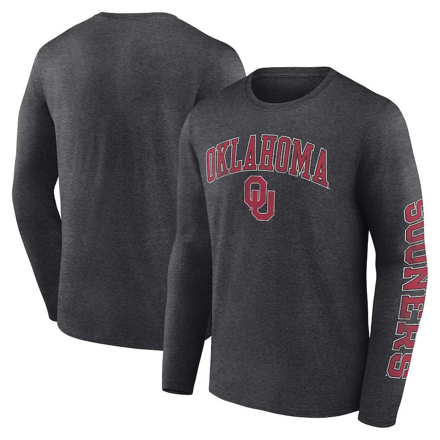 Oklahoma Sooners Fanatics Branded Distressed Arch Over Logo Long Sleeve T-Shirt - Heather Charcoal - UKASSNI
