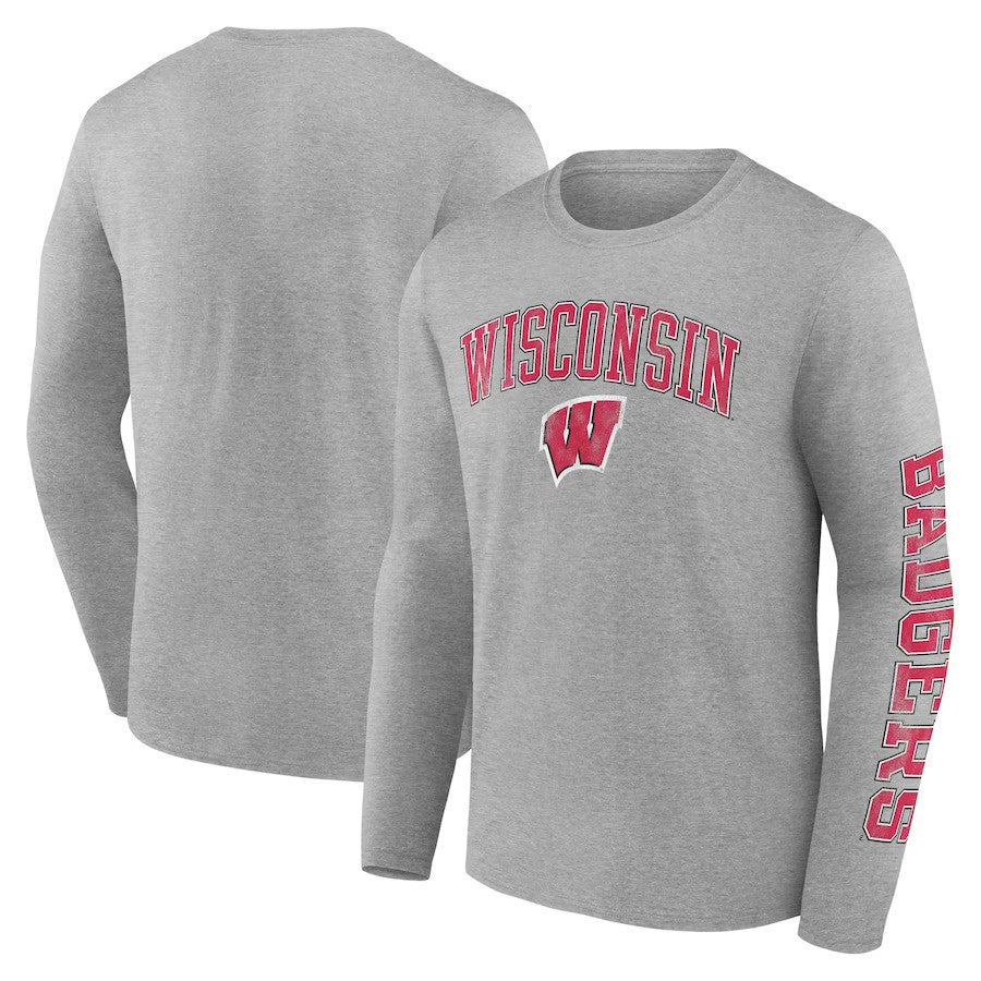 Wisconsin Badgers Fanatics Branded Distressed Arch Over Logo Long Sleeve T-Shirt - Heather Gray - UKASSNI