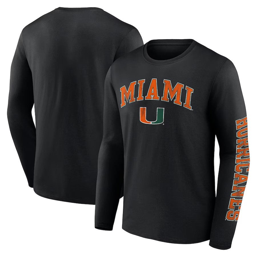 Miami Hurricanes Fanatics Branded Distressed Arch Over Logo Long Sleeve T-Shirt - Black - UKASSNI