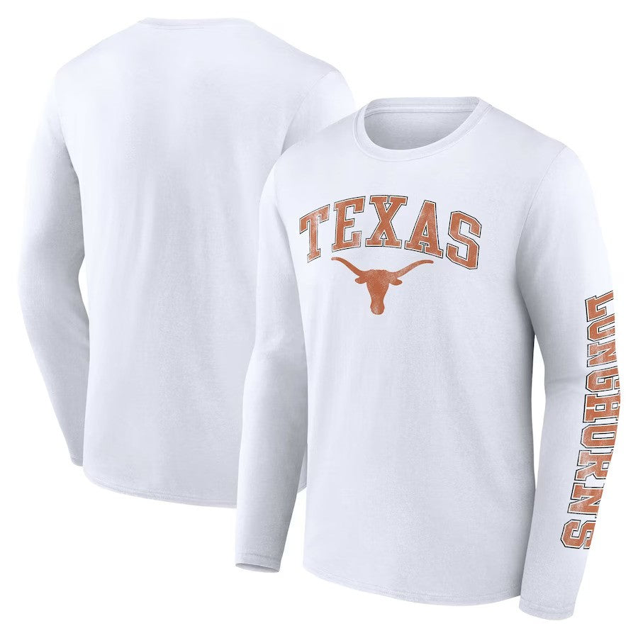 Texas Longhorns Fanatics Branded Distressed Arch Over Logo Long Sleeve T-Shirt - White - UKASSNI