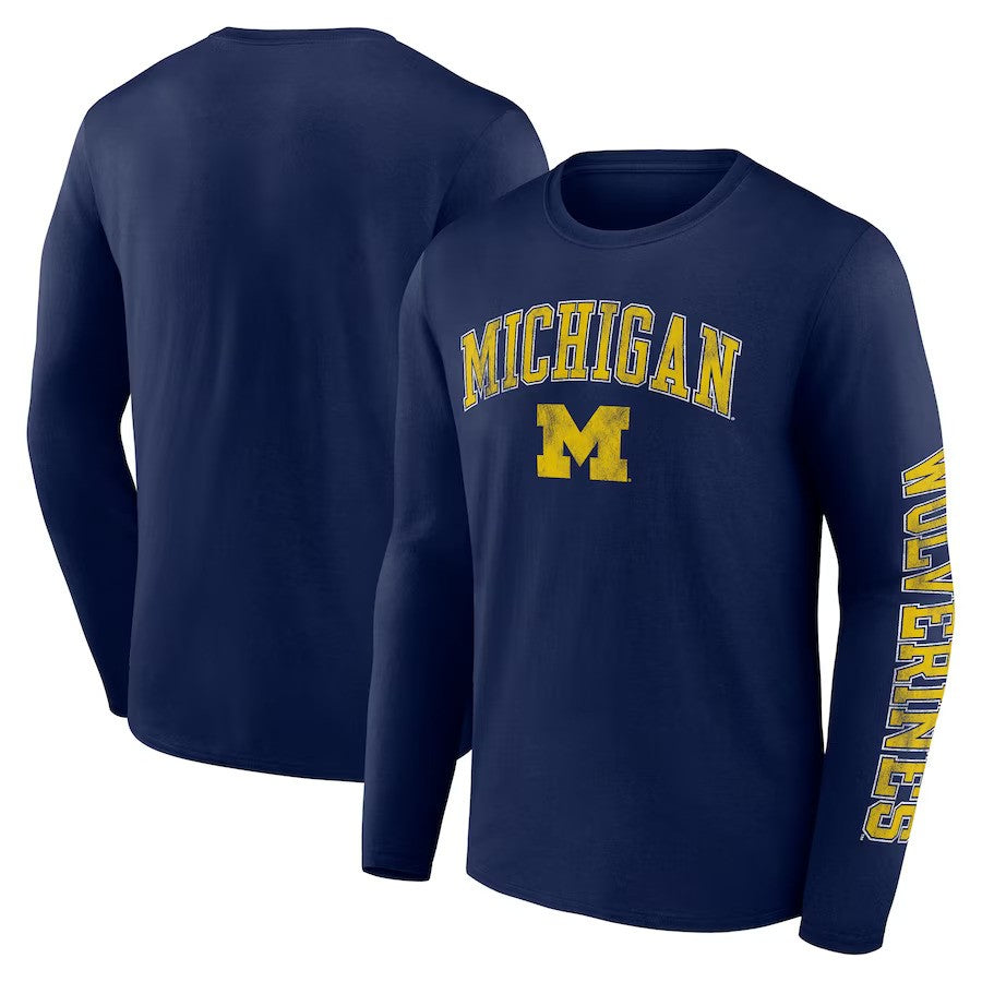 Michigan Wolverines Fanatics Branded Distressed Arch Over Logo Long Sleeve T-Shirt - Navy - UKASSNI