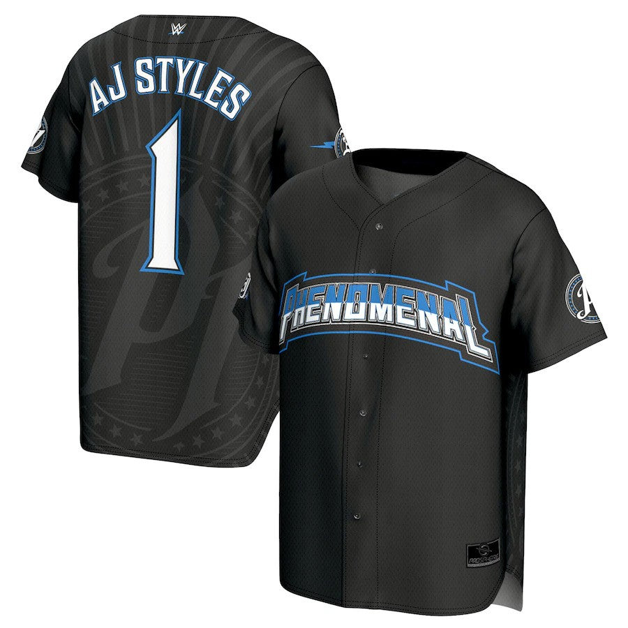 AJ Styles WWE ProSphere Phenomenal Baseball Jersey – Black (USA Stock) - UKASSNI