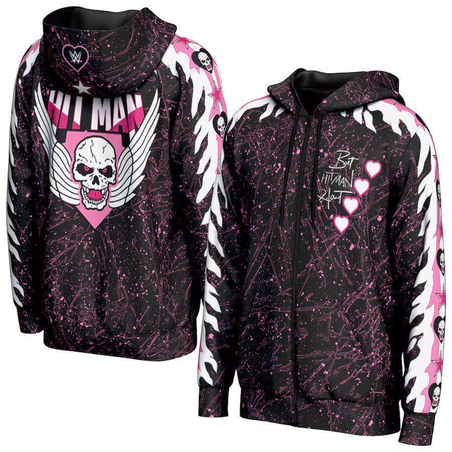 Bret Hart WWE UK ProSphere Hearts Full-Zip Hoodie - Black - UK Stock - UKASSNI