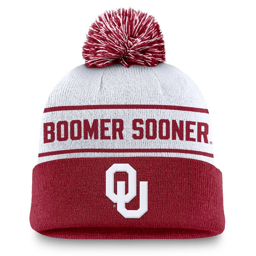 Oklahoma Sooners NCAA Jordan Brand Local Peak Cuffed Knit Hat with Pom – White/Crimson (UK Stock) - UKASSNI
