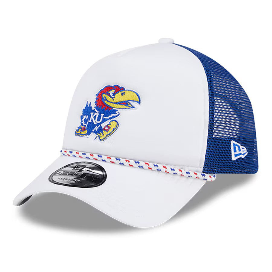Kansas Jayhawks NCAA New Era Court Sport Foam A-Frame 9FORTY Adjustable Trucker Hat - White/Royal (USA Stock) - UKASSNI