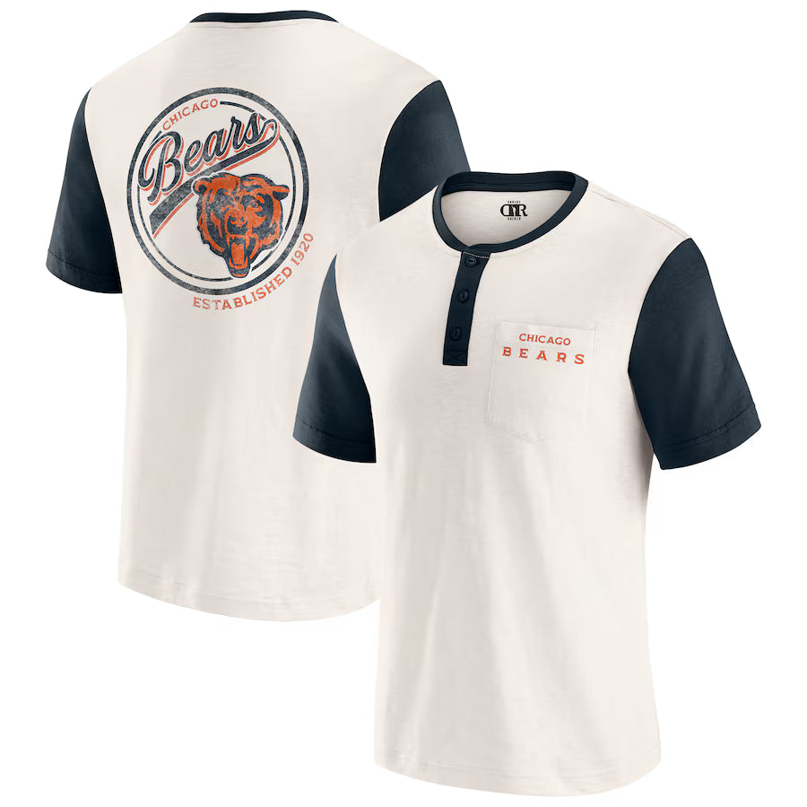 Chicago Bears Darius Rucker Collection by Fanatics Henley Colorblock Slub Pocket T-Shirt - Cream (USA Stock)