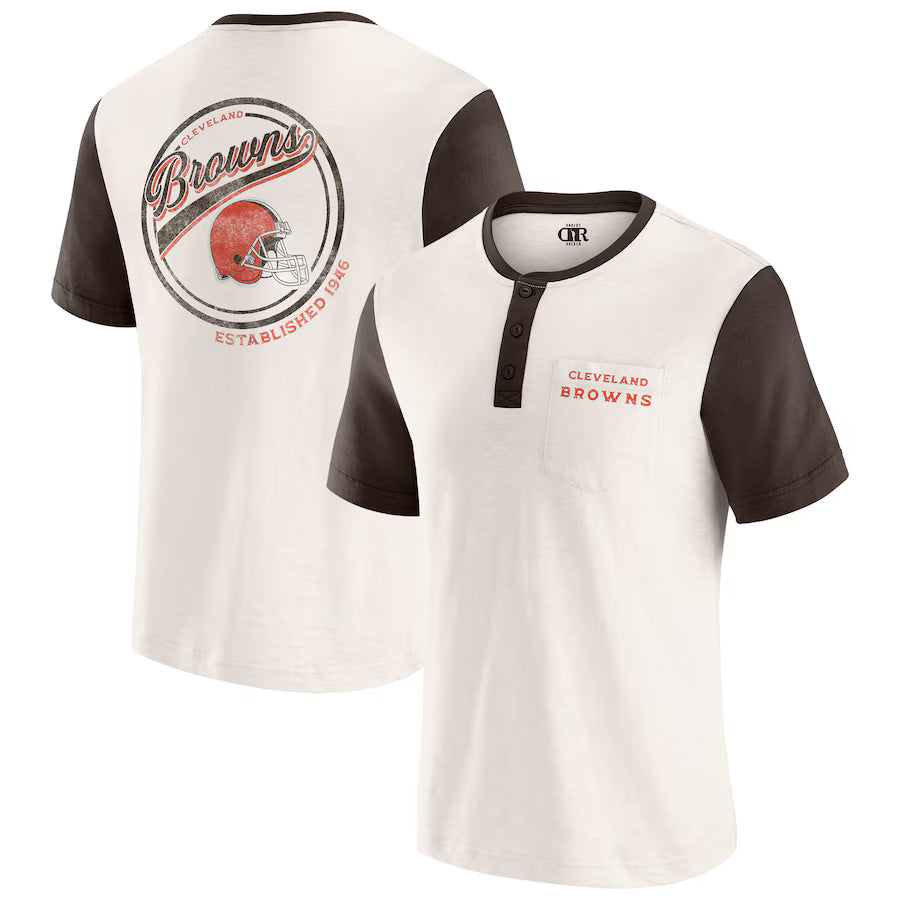 Cleveland Browns Darius Rucker Collection by Fanatics Henley Colorblock Slub Pocket T-Shirt - Cream (USA Stock)