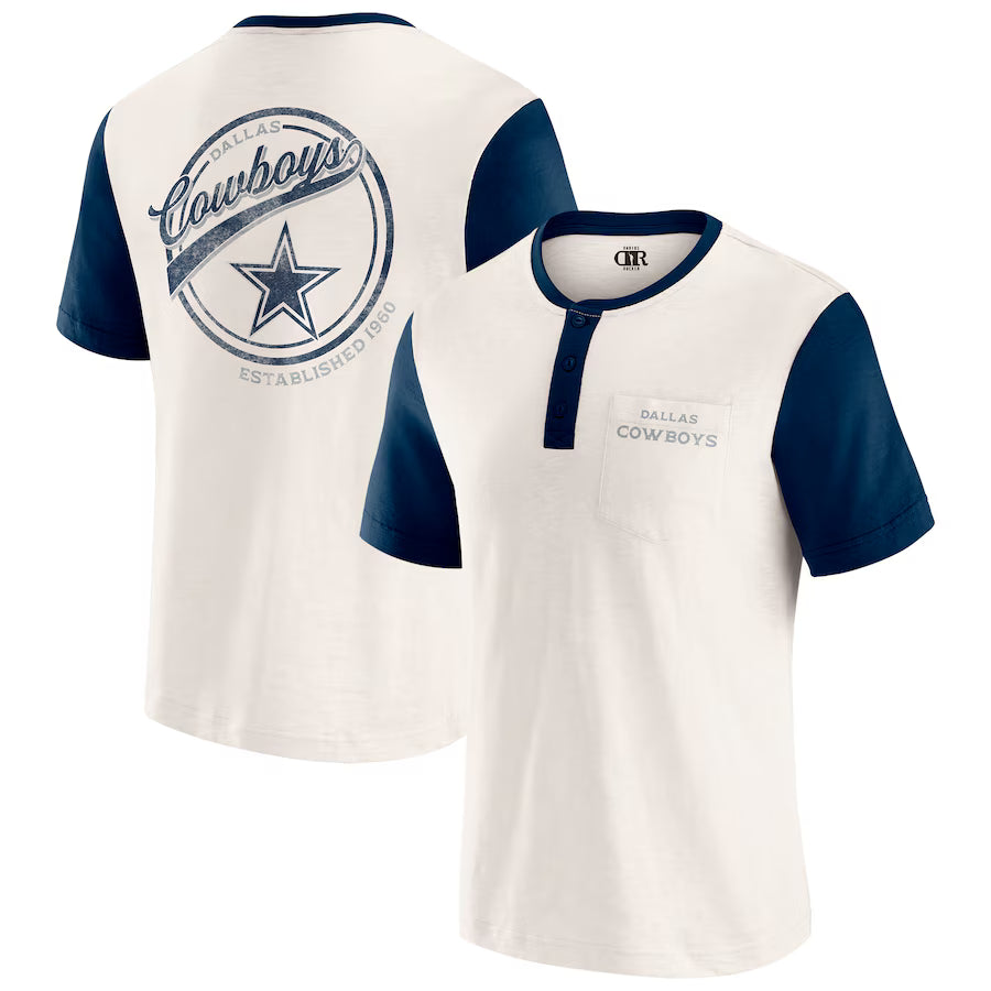 Dallas Cowboys Darius Rucker Collection by Fanatics Henley Colorblock Slub Pocket T-Shirt - Cream (USA Stock)