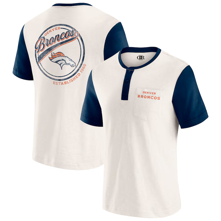 Denver Broncos Darius Rucker Collection by Fanatics Henley Colorblock Slub Pocket T-Shirt - Cream (USA Stock)