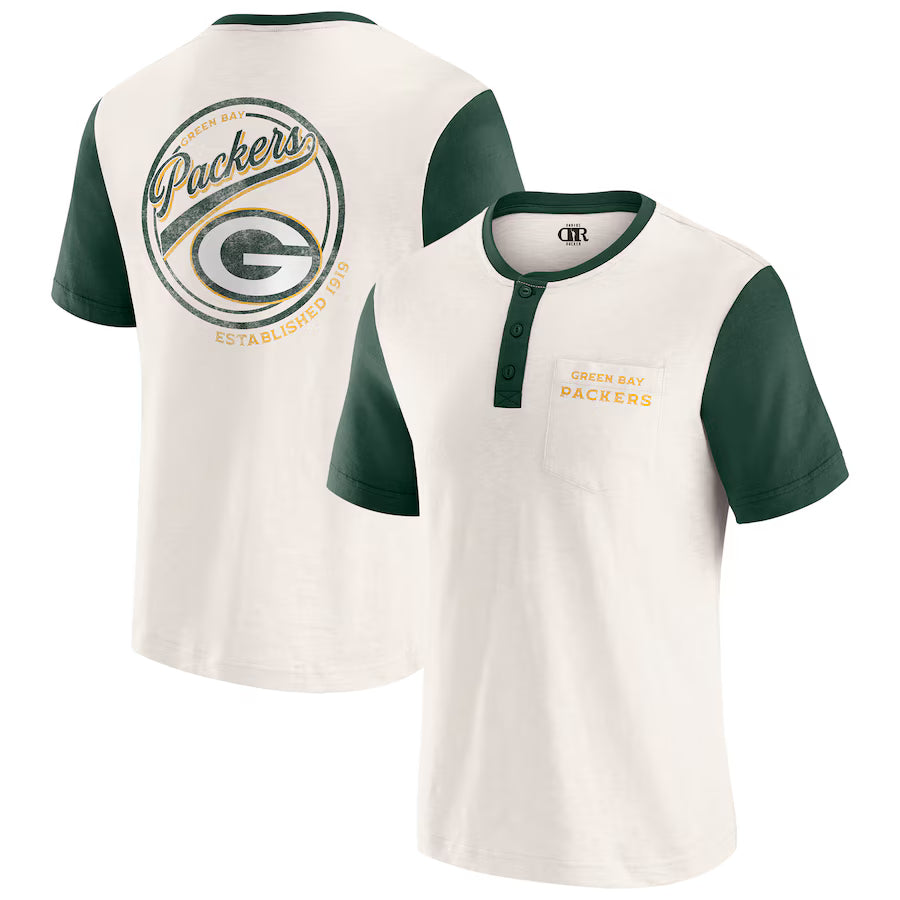 Green Bay Packers Darius Rucker Collection by Fanatics Henley Colorblock Slub Pocket T-Shirt - Cream (USA Stock)