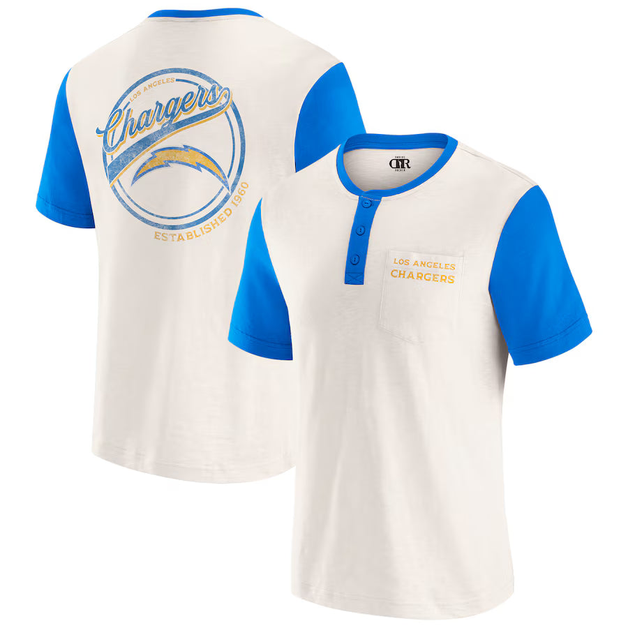Los Angeles Chargers Darius Rucker Collection by Fanatics Henley Colorblock Slub Pocket T-Shirt - Cream (USA Stock)