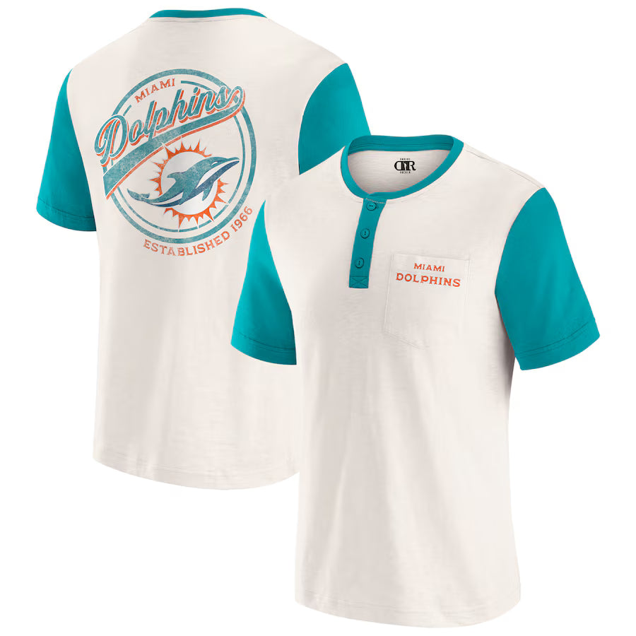 Miami Dolphins Darius Rucker Collection by Fanatics Henley Colorblock Slub Pocket T-Shirt - Cream (USA Stock)