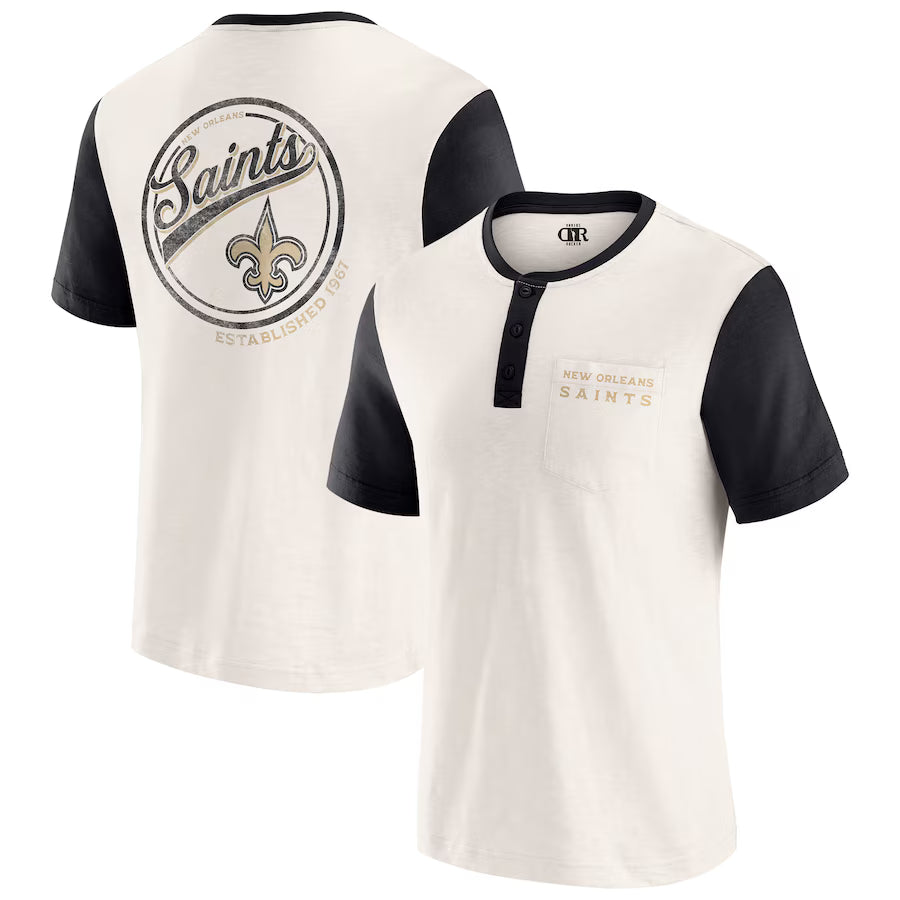 New Orleans Saints Darius Rucker Collection by Fanatics Henley Colorblock Slub Pocket T-Shirt - Cream (USA Stock)