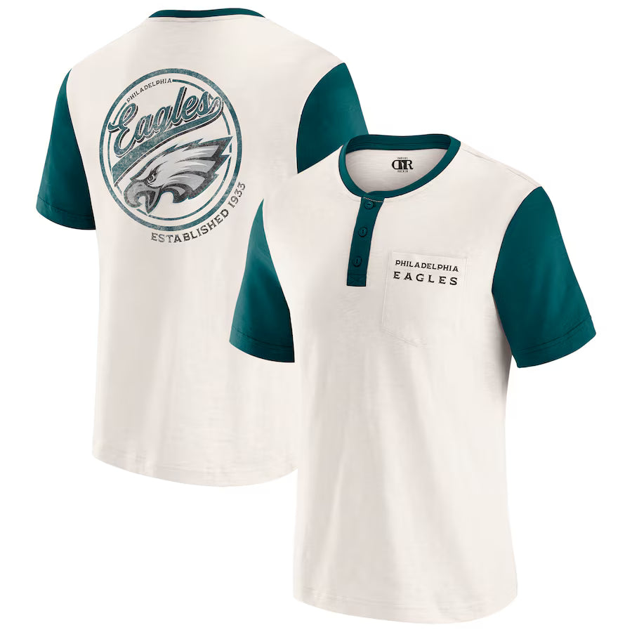 Philadelphia Eagles Darius Rucker Collection by Fanatics Henley Colorblock Slub Pocket T-Shirt - Cream (USA Stock)