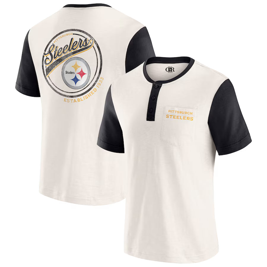 Pittsburgh Steelers Darius Rucker Collection by Fanatics Henley Colorblock Slub Pocket T-Shirt - Cream (USA Stock)