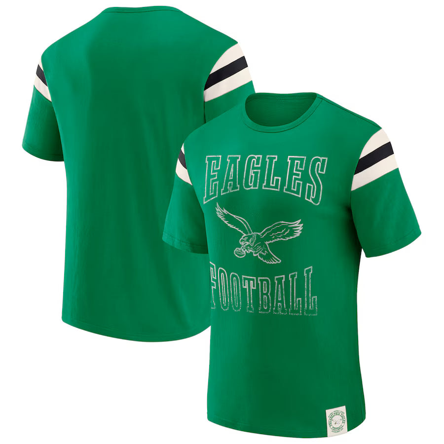Philadelphia Eagles Darius Rucker Collection Distressed Throwback Shoulder Stripe T-Shirt –Green (USA Stock)