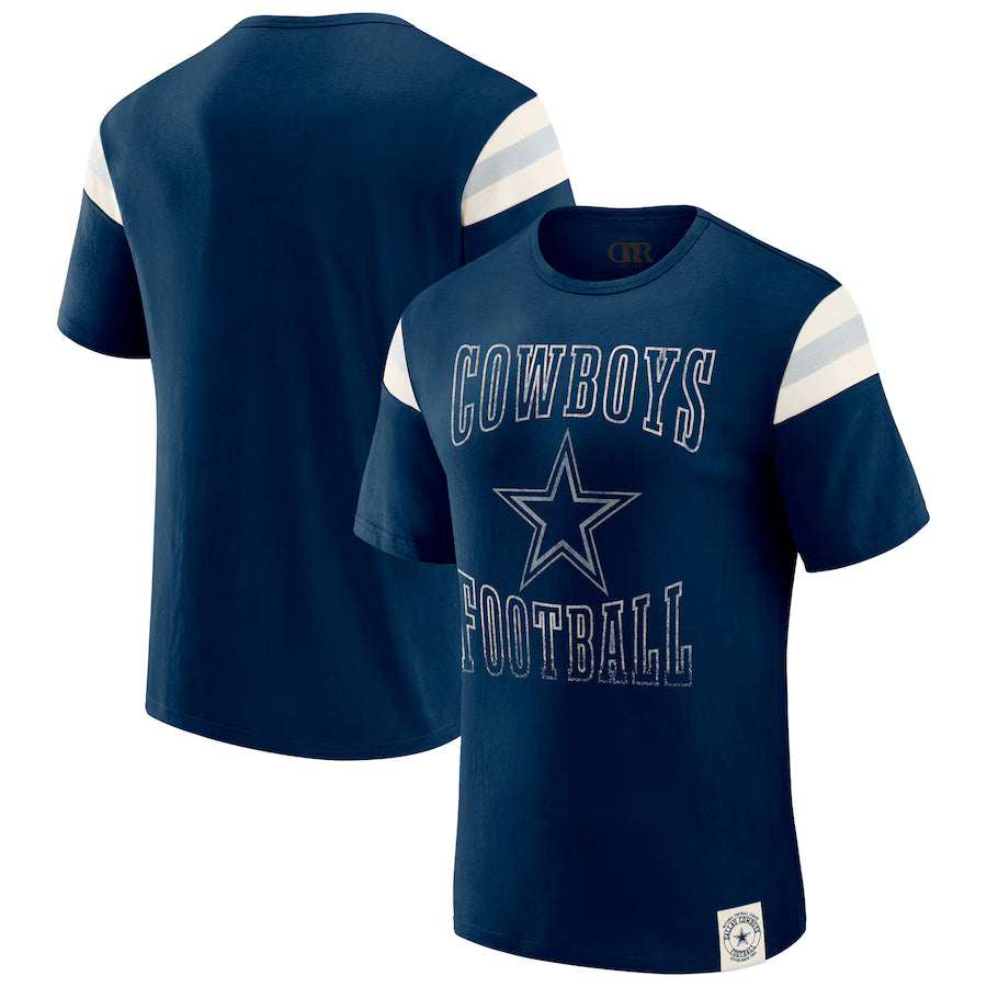 Dallas Cowboys Darius Rucker Collection Distressed Throwback Shoulder Stripe T-Shirt – Navy (USA Stock)