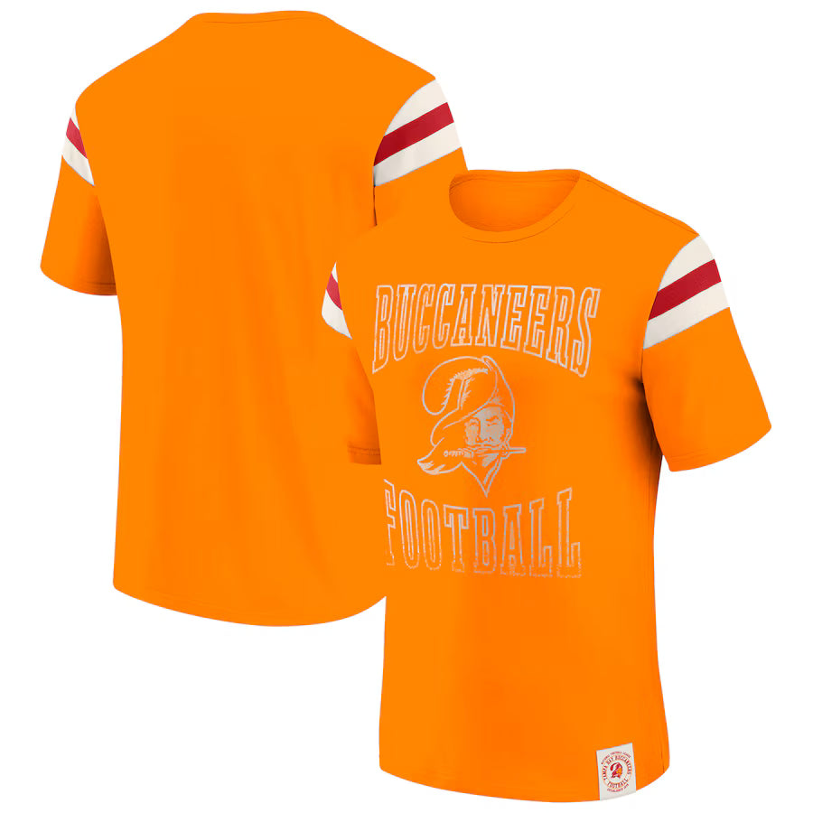 Tampa Bay Buccaneers Darius Rucker Collection Distressed Throwback Shoulder Stripe T-Shirt – Orange (USA Stock)