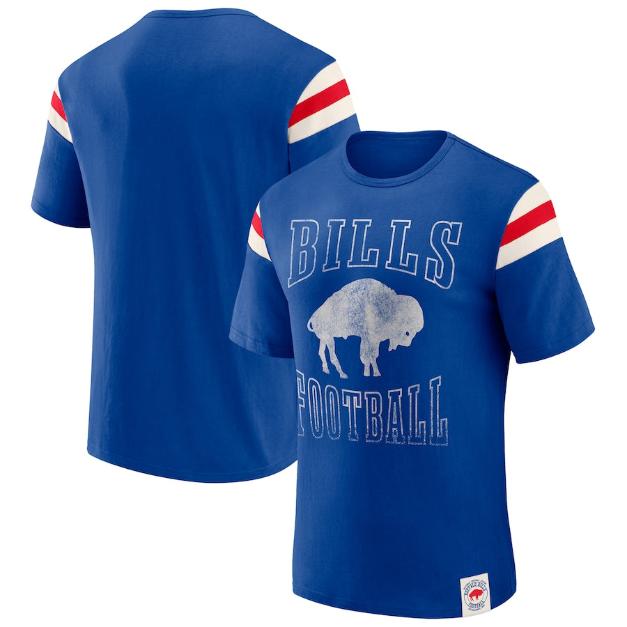 Buffalo Bills Darius Rucker Collection Distressed Throwback Shoulder Stripe T-Shirt – Royal (USA Stock)