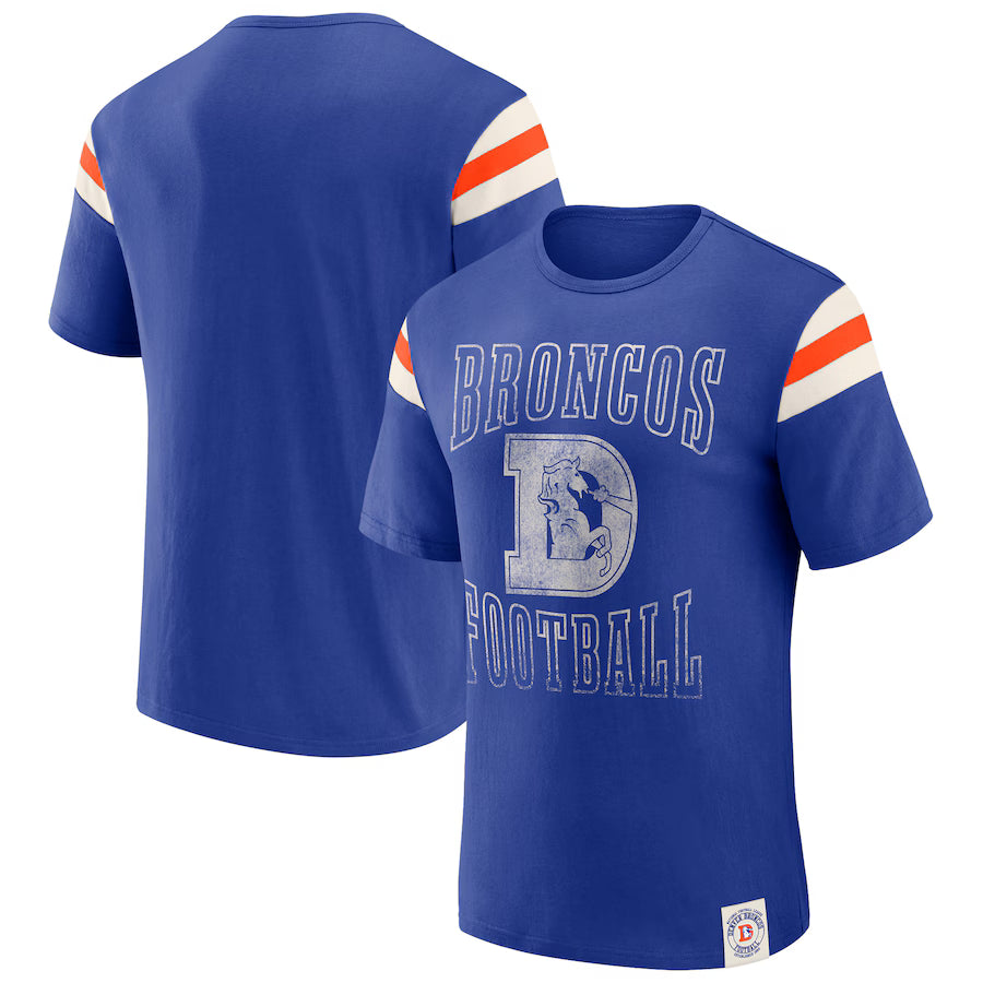 Denver Broncos Darius Rucker Collection Distressed Throwback Shoulder Stripe T-Shirt – Royal (USA Stock)