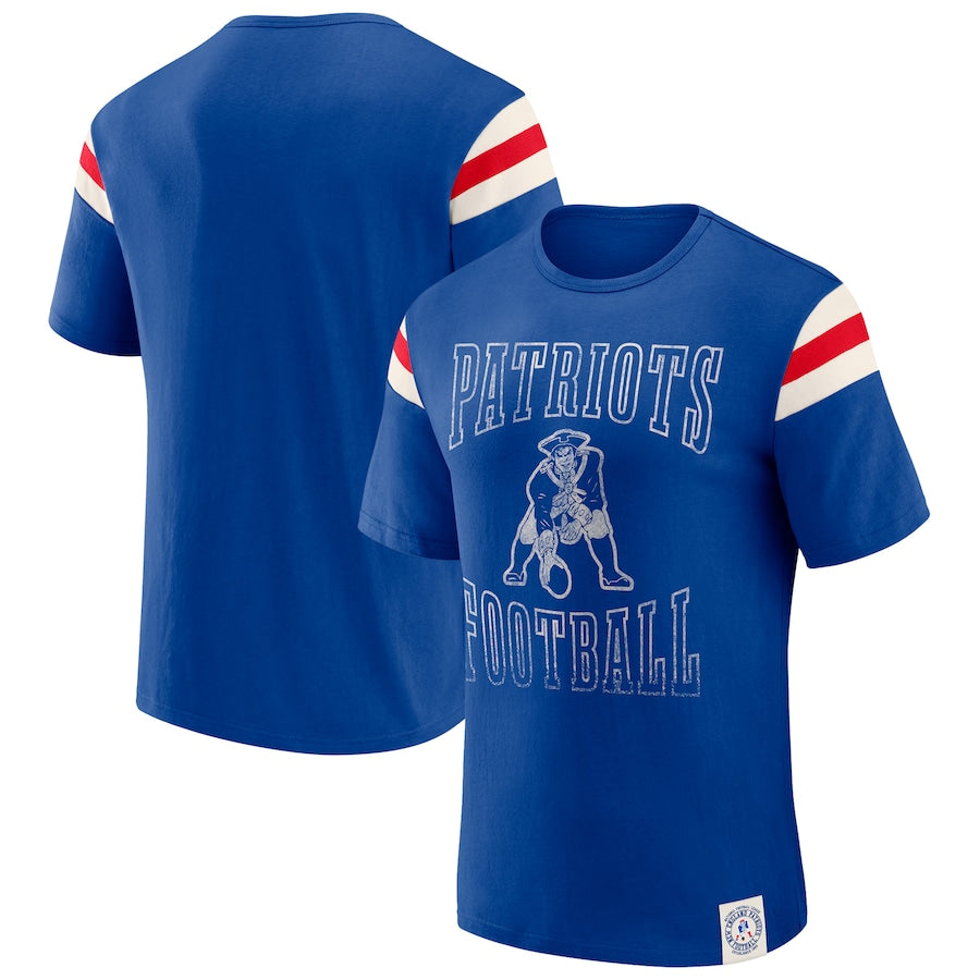 New England Patriots Darius Rucker Collection Distressed Throwback Shoulder Stripe T-Shirt – Royal (USA Stock)