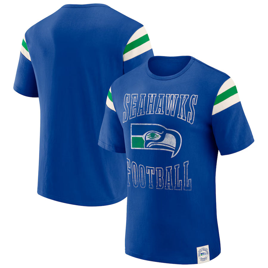 Seattle Seahawks Darius Rucker Collection Distressed Throwback Shoulder Stripe T-Shirt – Royal (USA Stock)
