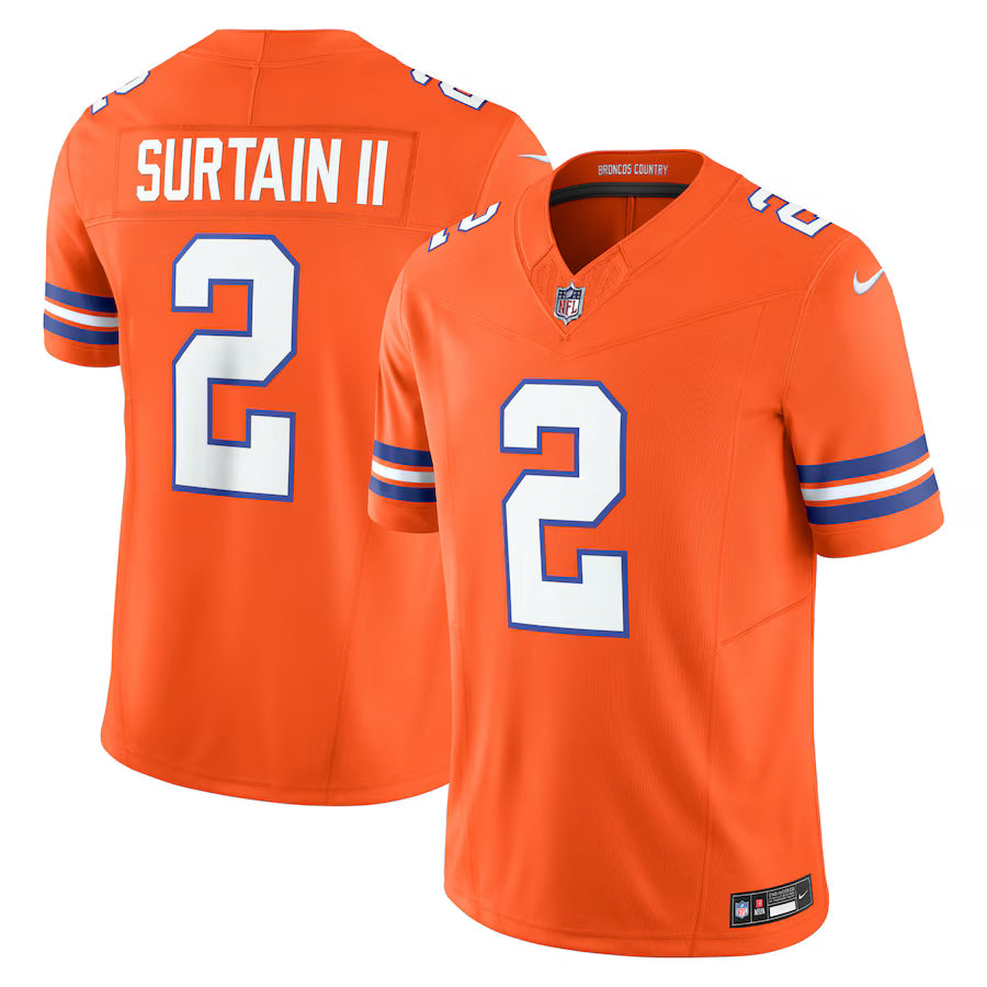 Denver Broncos Patrick Surtain II Alternate Mile High Collection 1977 Throwback Vapor F.U.S.E. Limited Jersey – Orange (USA Stock)