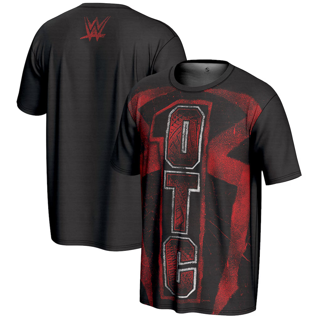 Roman Reigns OTC T-Shirt in black with vertical red OTC graphic honoring The Head of The Table; back shows WWE logo.