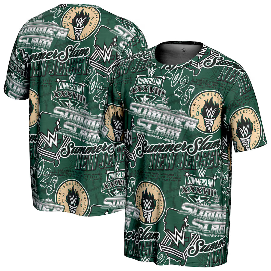 SummerSlam 2025 WWE ProSphere Allover Print T-Shirt – Green (USA Stock) - UKASSNI