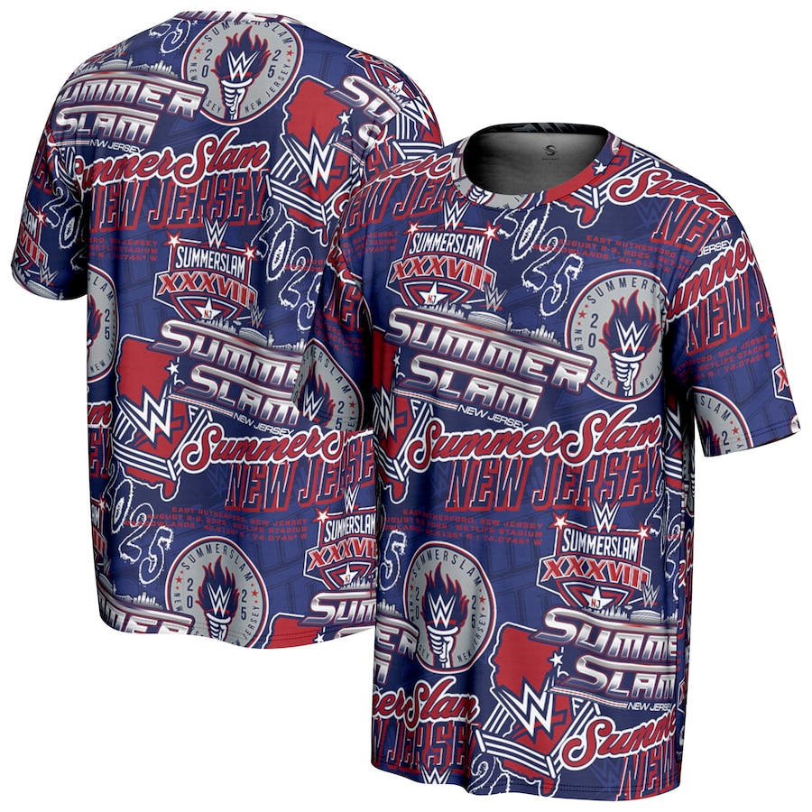 SummerSlam 2025 WWE ProSphere Allover Print T-Shirt – Navy (USA Stock) - UKASSNI