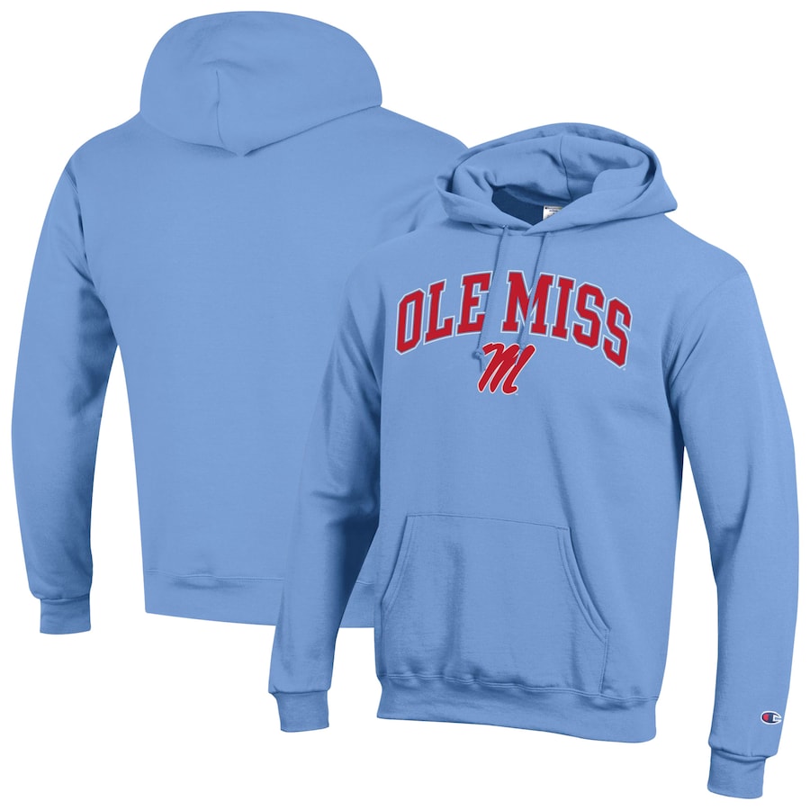 Ole Miss Rebels NCAA Champion Arched Logo Fleece Pullover Hoodie – Light Blue (USA Stock) - UKASSNI