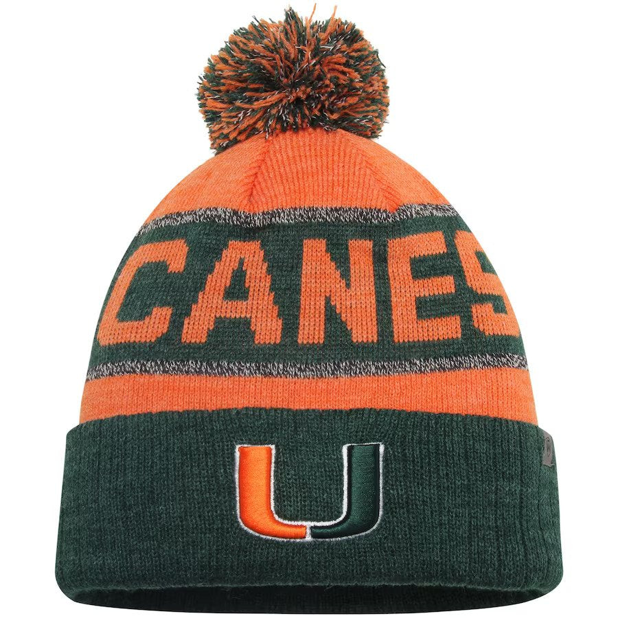 Miami Hurricanes NCAA UK Top of the World Below Zero Cuffed Pom Knit Hat - Orange/Heather Green - UKASSNI