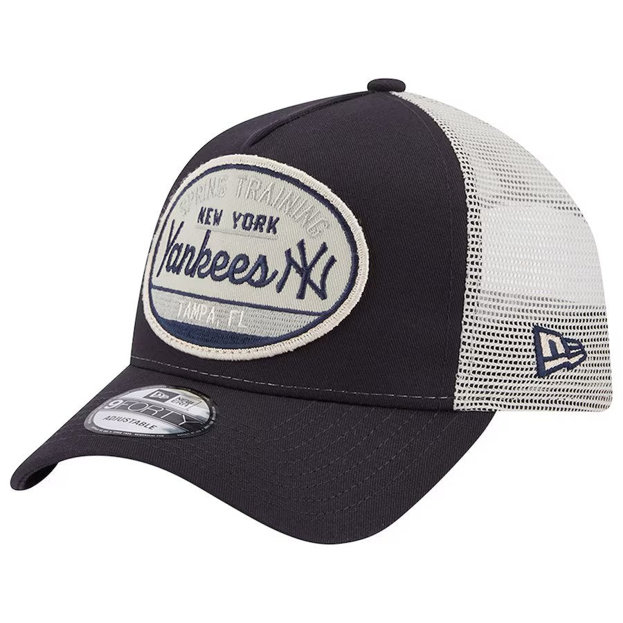 New York Yankees MLB UK New Era 2023 Spring Training Patch A-Frame Trucker 9FORTY Snapback Hat - Navy - UKASSNI