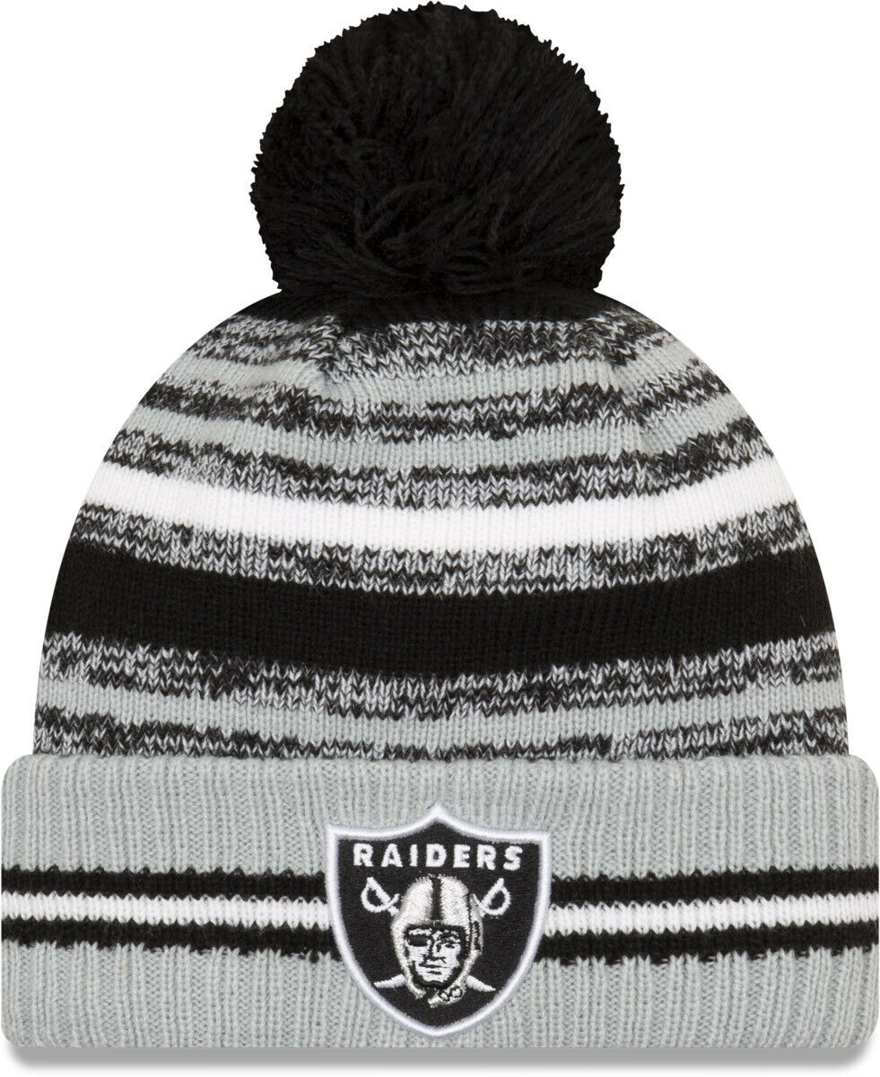 Las Vegas Raiders NFL UK New Era NFL Sideline Sport Official Pom Cuffed Knit Hat - Black/Silver - UKASSNI