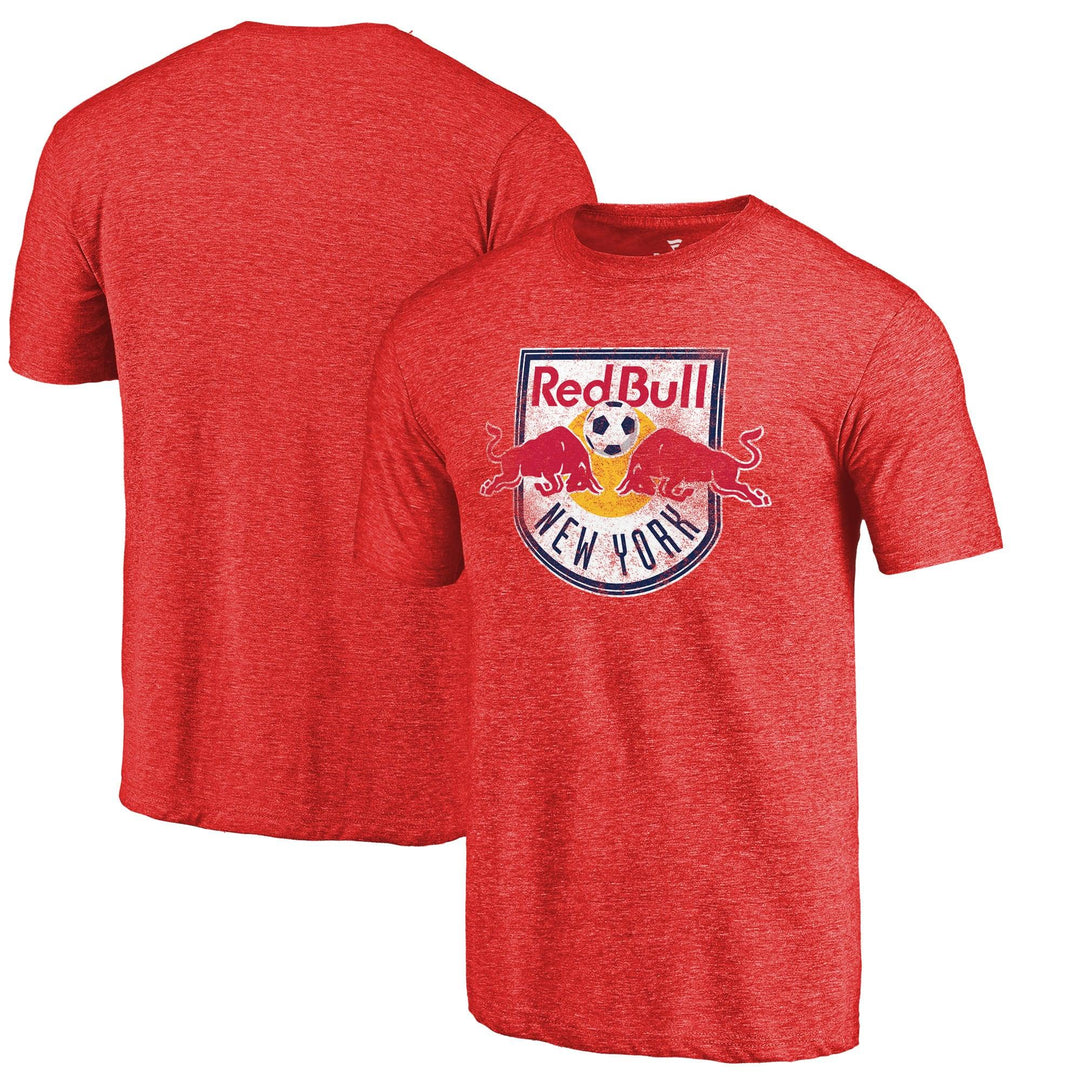 New York Red Bulls MLS UK Medium Fanatics Branded Distressed Primary Logo Tri-Blend T-Shirt - Red - UKASSNI