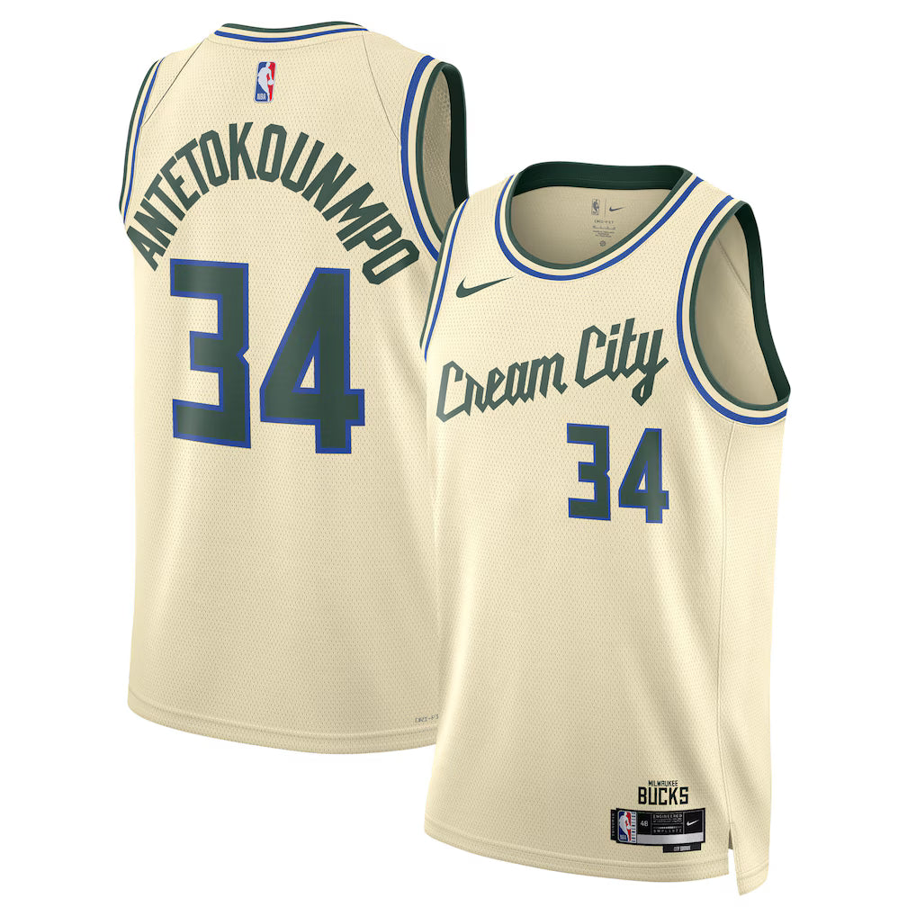 Milwaukee Bucks NBA Giannis Antetokounmpo Nike 2025/26 City Edition Swingman Jersey – Cream (USA Stock) - UKASSNI