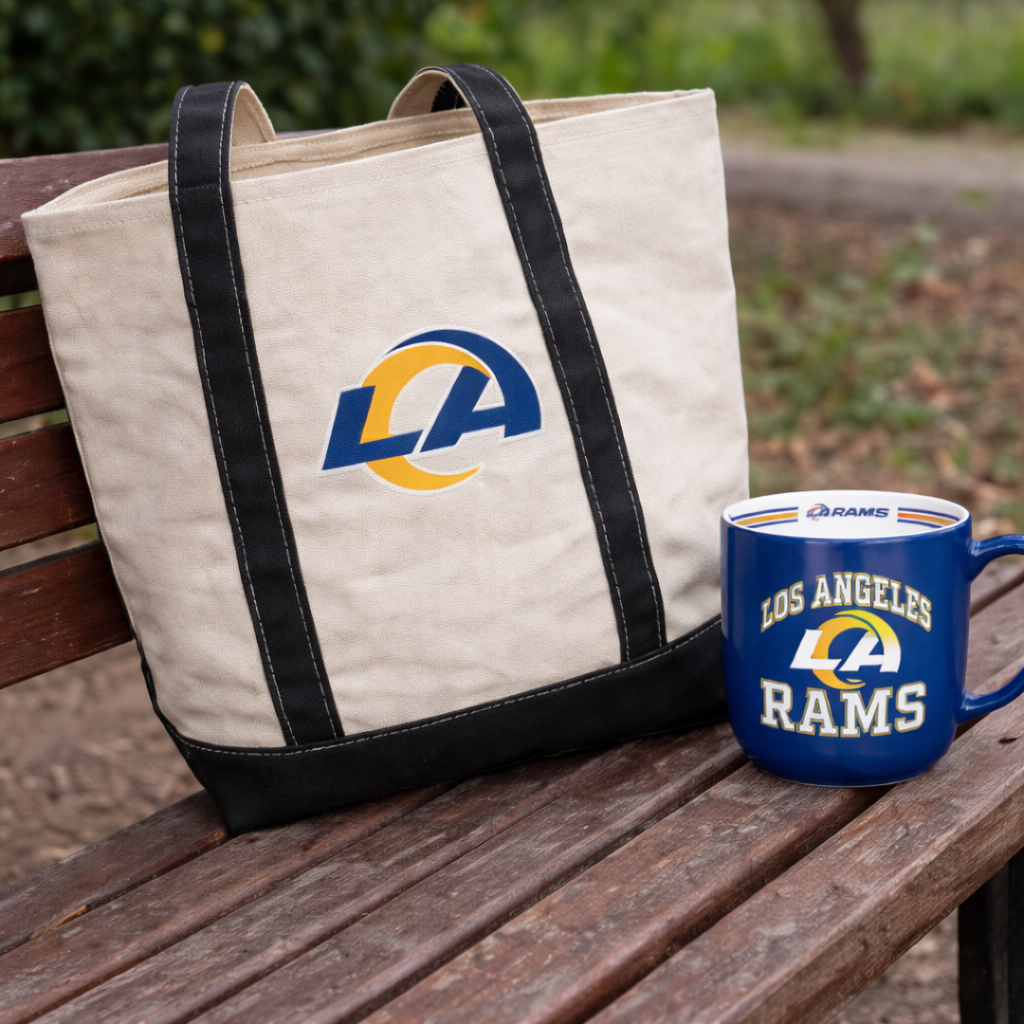 Los Angeles Rams NFL Canvas Tote Bag + 15oz Stripe Mug Bundle – (UK Stock) - UKASSNI