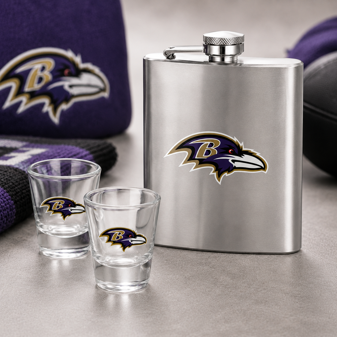 Baltimore Ravens NFL Flask &amp; Shot Gift Set (UK Ready)