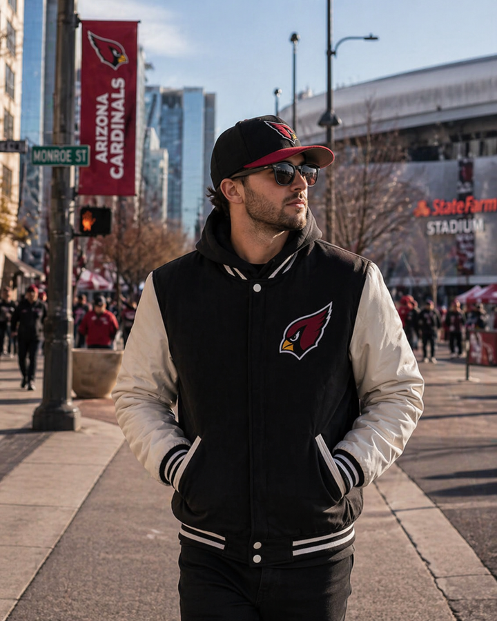 Arizona Cardinals NFL JH Design Reversible Fleece Full-Snap Jacket with Faux Leather Sleeves – Black/White (USA Stock) - UKASSNI